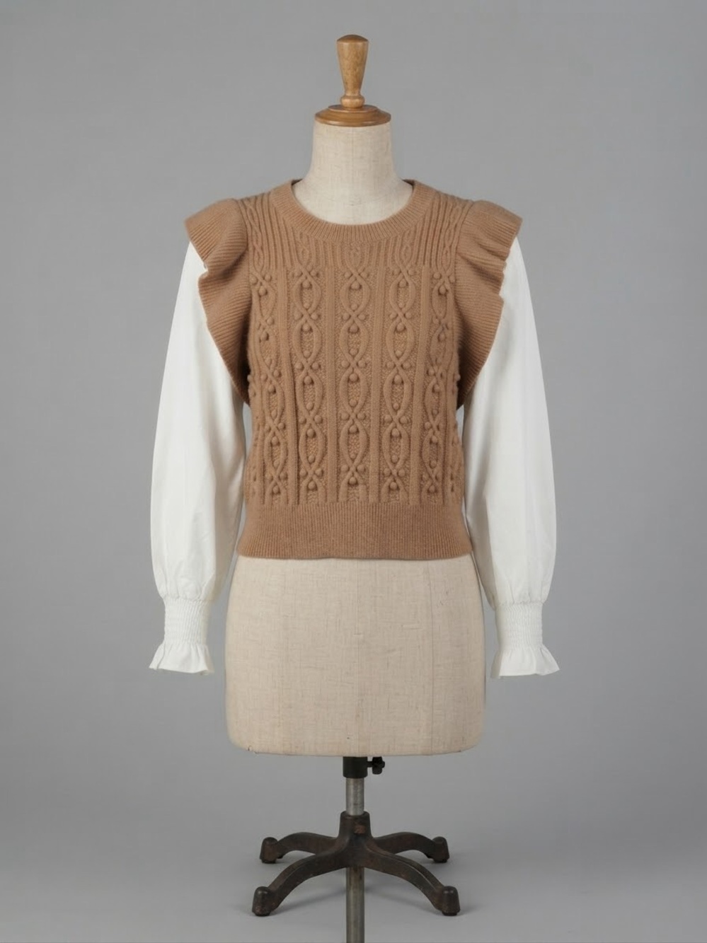 entro Camel Ruffled Cable-Knit Sweater Vest with attached Blouse